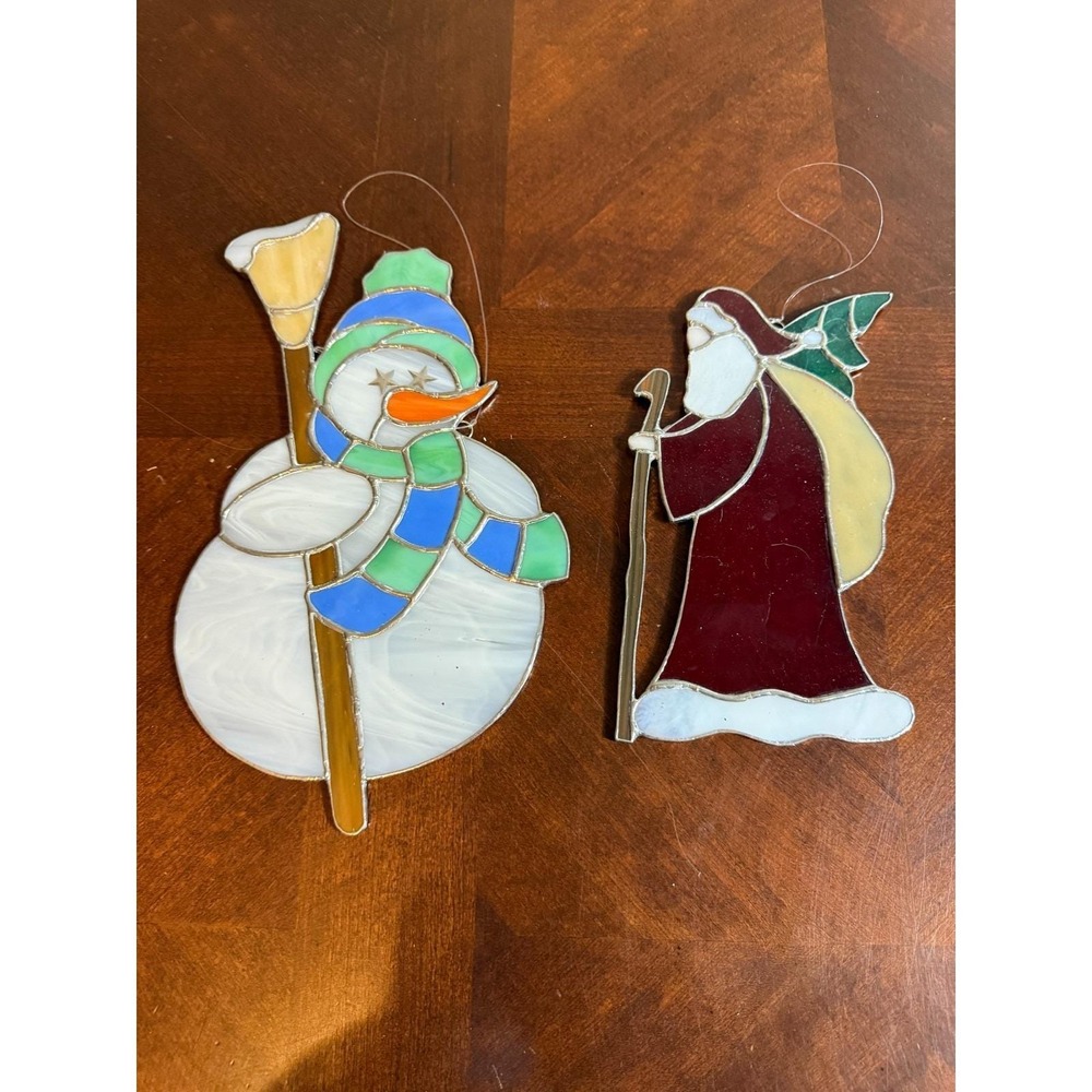 Vintage Stained Glass‎ Christmas Window Ornaments Santa Snowman LOT 2